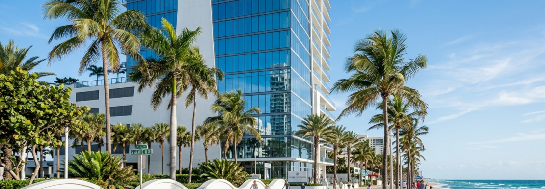 "Realistic view of luxury oceanfront condo towers and palm trees along the wave wall on Fort Lauderdale Beach."