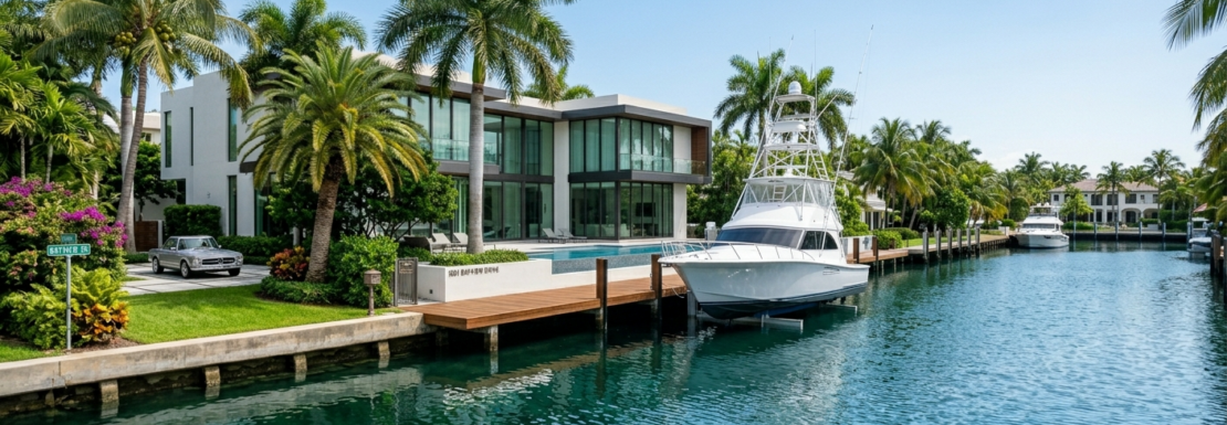 "Realistic view of luxury single-family waterfront homes and private boat dockage in the Bal Harbour neighborhood of Fort Lauderdale."