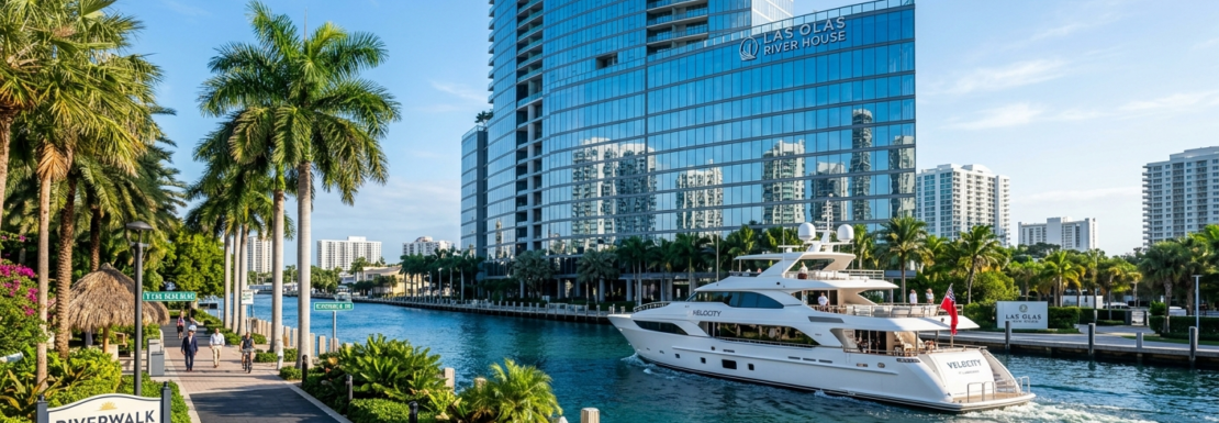 "Realistic view of the Las Olas River House luxury tower and the New River in Downtown Fort Lauderdale."