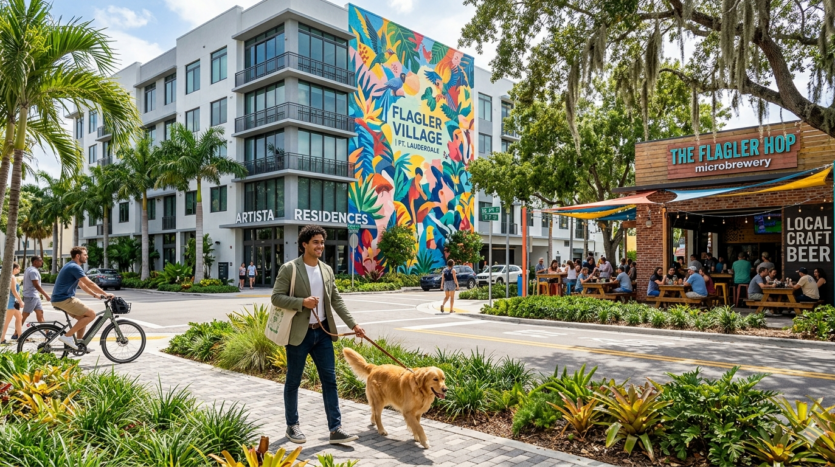 Realistic view of artistic urban living and colorful murals in the Flagler Village neighborhood of Fort Lauderdale