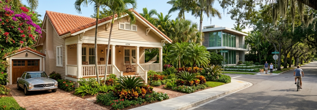 "Realistic view of historic craftsman bungalows and diverse architecture in the Victoria Park neighborhood of Fort Lauderdale."