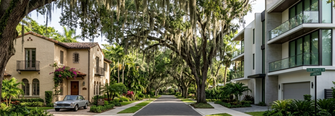 Realistic view of historic oak-canopied streets and luxury architecture in the Colee Hammock neighborhood of Fort Lauderdale.