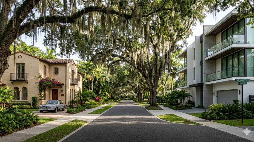 Realistic view of historic oak-canopied streets and luxury architecture in the Colee Hammock neighborhood of Fort Lauderdale.