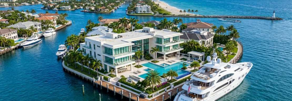 "Realistic aerial view of luxury waterfront estates, private mega-yacht dockage, and the ocean inlet in Harbor Beach, Fort Lauderdale."