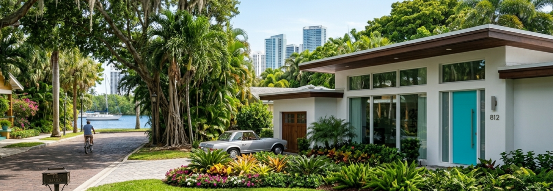 "Realistic view of updated mid-century modern single-family homes and lush green lawns in the Middle River Terrace neighborhood of Fort Lauderdale."
