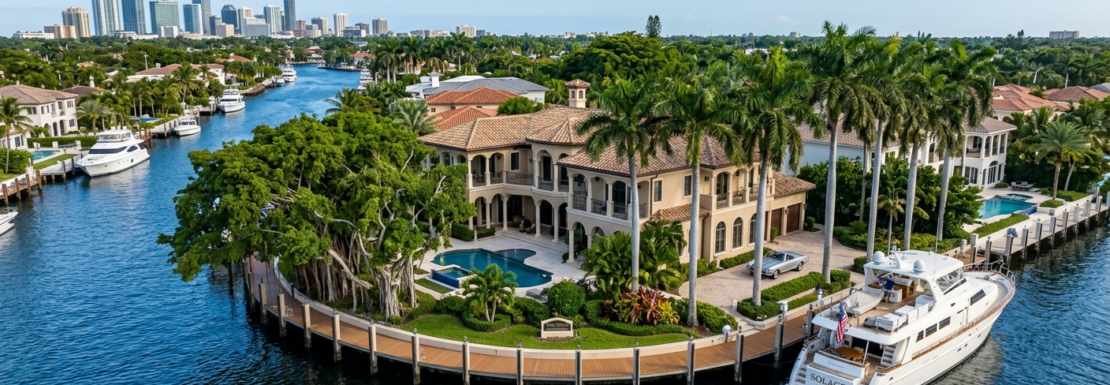 "Realistic aerial view of luxury deep-water estates, towering banyan trees, and private yacht dockage in the Rio Vista neighborhood of Fort Lauderdale."