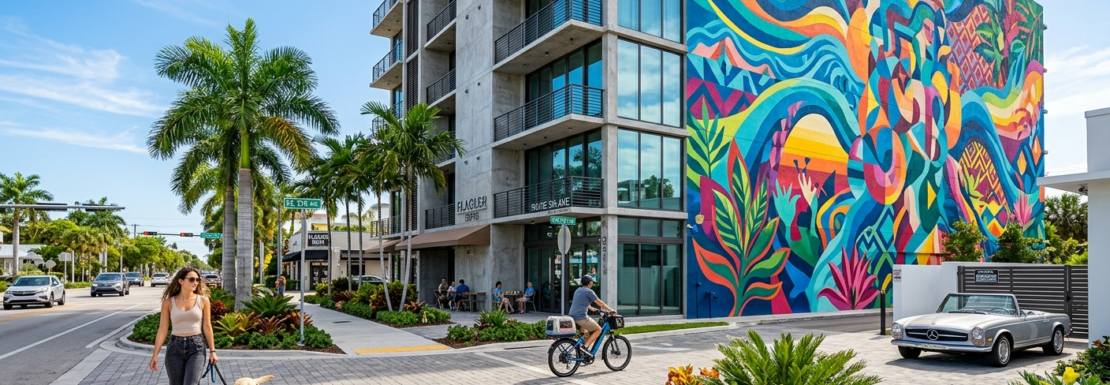 "Realistic view of modern luxury lofts and vibrant street murals in the Flagler Village neighborhood of Fort Lauderdale."