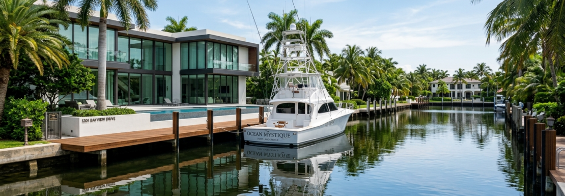 "Realistic view of luxury deep-water estates and private yacht dockage in the Bermuda Riviera neighborhood of Fort Lauderdale."