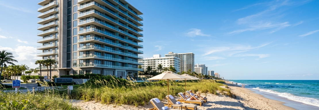 "Realistic view of direct beachfront luxury condominium towers and private beach access on Galt Ocean Mile, Fort Lauderdale."