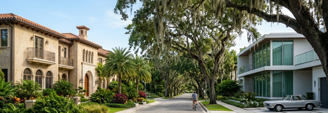 "Realistic view of historic oak-canopied streets and luxury architecture in the Colee Hammock neighborhood of Fort Lauderdale."