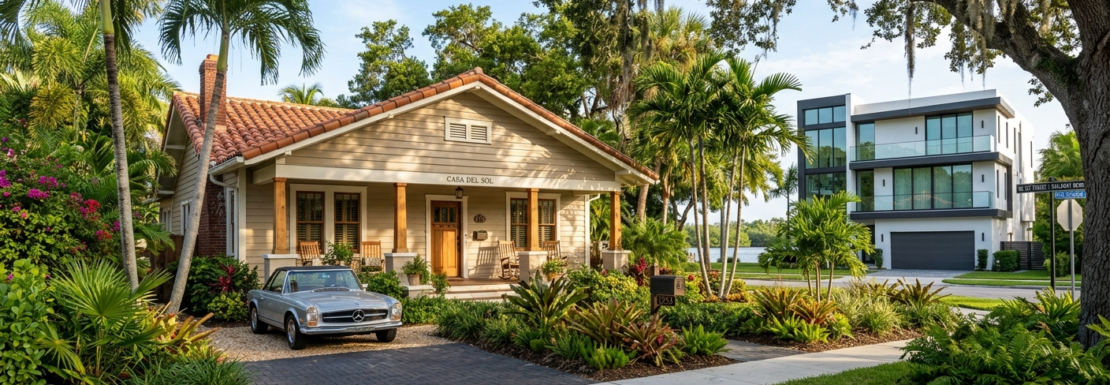 Realistic view of historic bungalows and tropical greenery in the Sailboat Bend neighborhood of Fort Lauderdale.