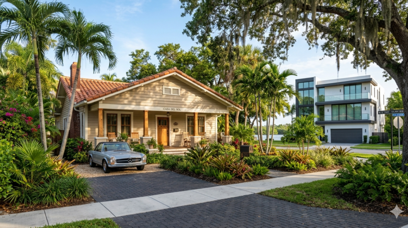 Realistic view of historic bungalows and tropical greenery in the Sailboat Bend neighborhood of Fort Lauderdale.