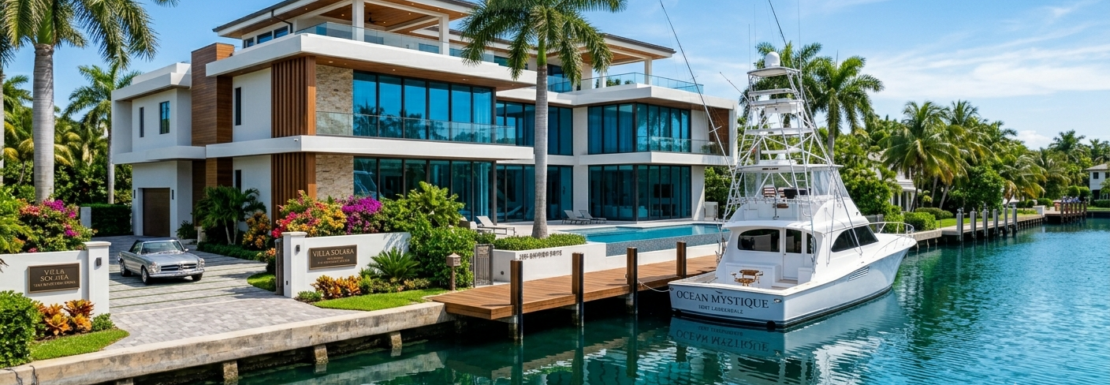 "Realistic view of a custom luxury single-family waterfront estate and private yacht dockage within the gated Landings neighborhood of Fort Lauderdale."