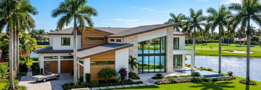 "Realistic view of a custom luxury single-family lakefront estate and golf course fairway in the master-planned community of Weston, South Florida."