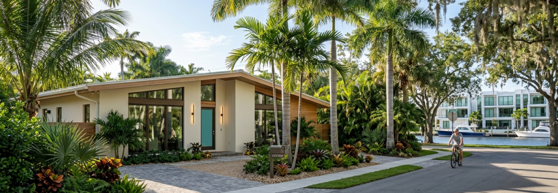 "Realistic view of renovated mid-century homes and native tree canopies in the Tarpon River neighborhood of Fort Lauderdale."
