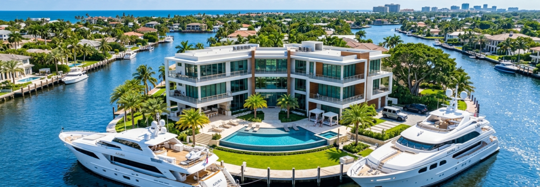 "Realistic aerial view of luxury single-family waterfront estates and private mega-yacht dockage in the Las Olas Isles neighborhood of Fort Lauderdale."
