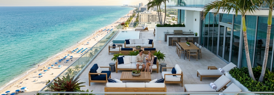 "Realistic view of a contemporary luxury oceanfront sky condo residence and panoramic balcony view along Fort Lauderdale Beach."