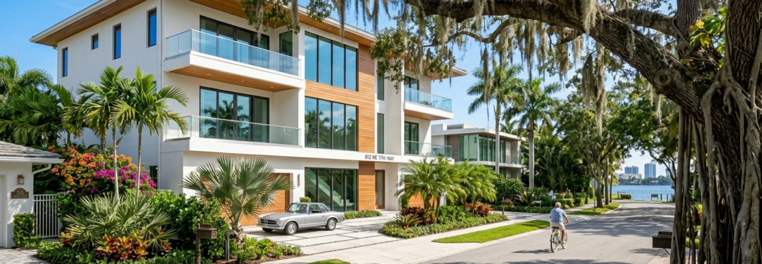 "Realistic view of luxury contemporary townhomes and mature tree canopies in the Victoria Park neighborhood of Fort Lauderdale."