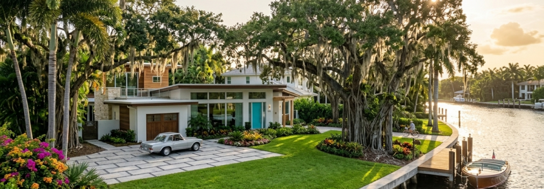 "Realistic view of a mid-century modern single-family estate surrounded by a lush tropical tree canopy and large lawns in the Riverland neighborhood of Fort Lauderdale."