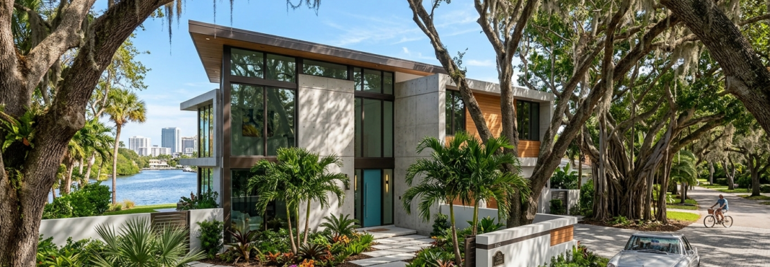 "Realistic view of a newly constructed contemporary custom home nestled beneath a mature oak canopy in the Tarpon River neighborhood of Fort Lauderdale."