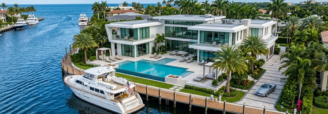 "Realistic view of a custom luxury single-family waterfront estate and private dockage in the Bermuda Riviera neighborhood of Fort Lauderdale."