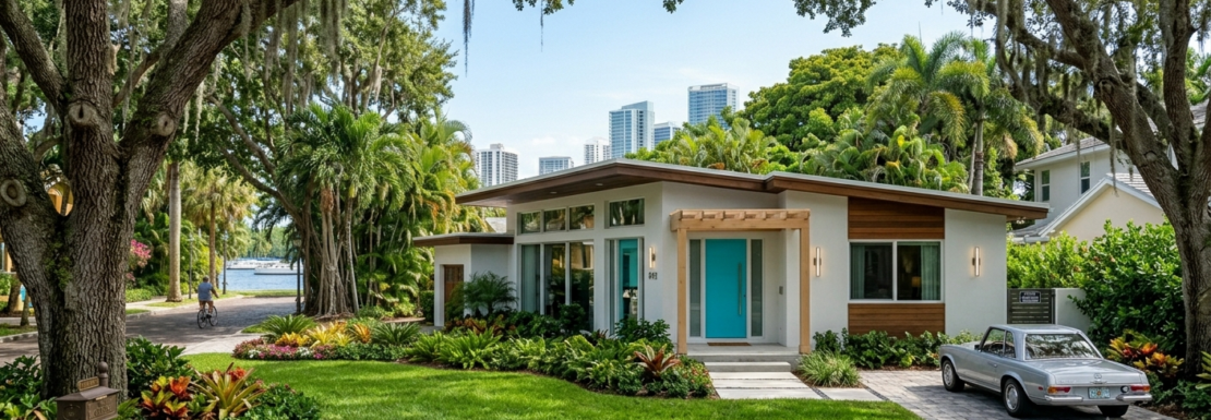 "Realistic view of historic mid-century modern single-family homes and tree-lined streets in the Poinsettia Heights neighborhood of Fort Lauderdale."