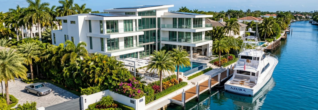 "Realistic view of a custom luxury single-family waterfront estate and private yacht dockage within the gated Bal Harbour neighborhood of Fort Lauderdale."