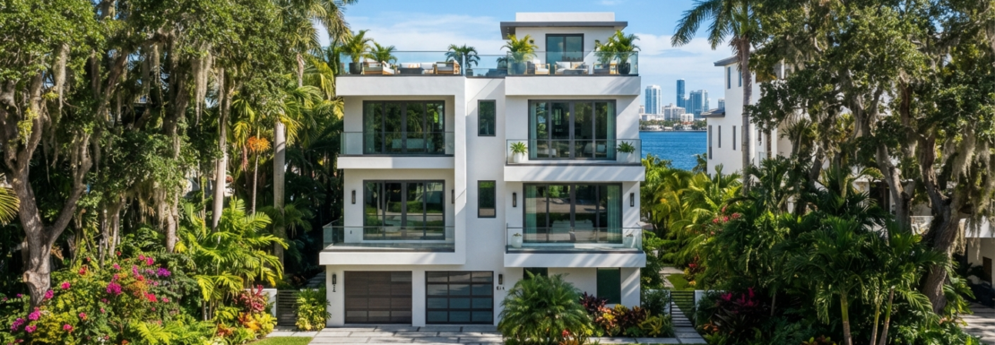 "Realistic view of a contemporary luxury multi-story townhome duplex surrounded by mature tree canopies in the Victoria Park neighborhood of Fort Lauderdale."