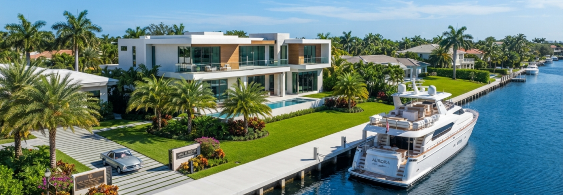 "Aerial view of luxury single-family waterfront homes and docked motor yachts along a wide deep-water canal with no fixed bridges in Coral Ridge Isles, Fort Lauderdale."