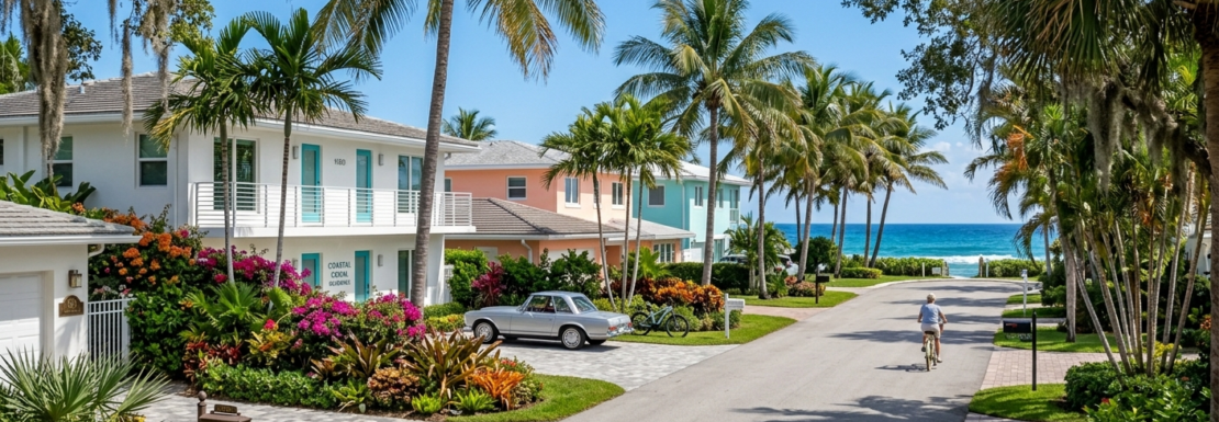"Realistic view of walkable low-rise coastal homes and palm trees near the beach in Lauderdale-by-the-Sea."