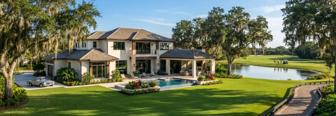 "Realistic view of a custom single-family home bordering the rolling golf course fairways within the Pine Island Ridge community in Davie."