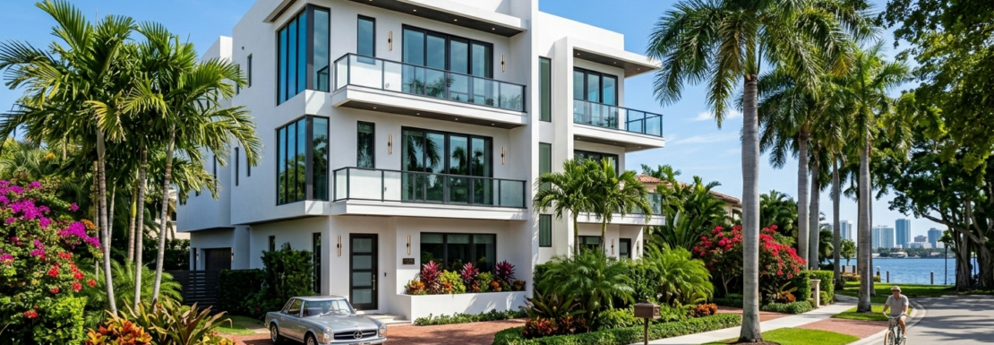 "Realistic view of a newly constructed contemporary luxury townhome duplex in the Croissant Park neighborhood of Fort Lauderdale."
