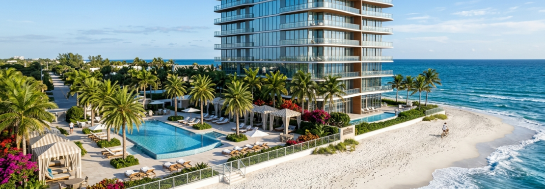 "Realistic view of a newly constructed contemporary luxury oceanfront high-rise tower along the coast of Pompano Beach."