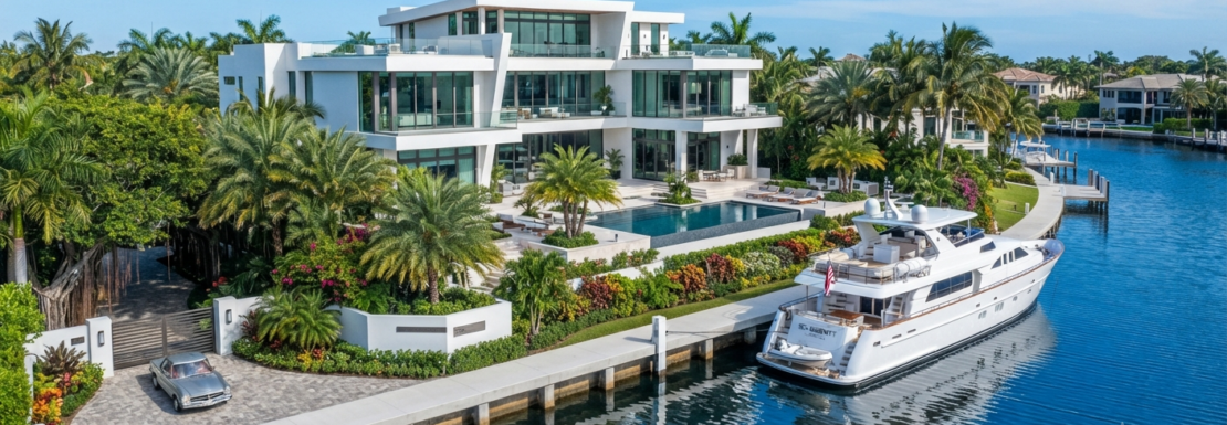 "Realistic view of a custom luxury single-family waterfront estate and private yacht dockage within the Bermuda Riviera neighborhood of Fort Lauderdale."